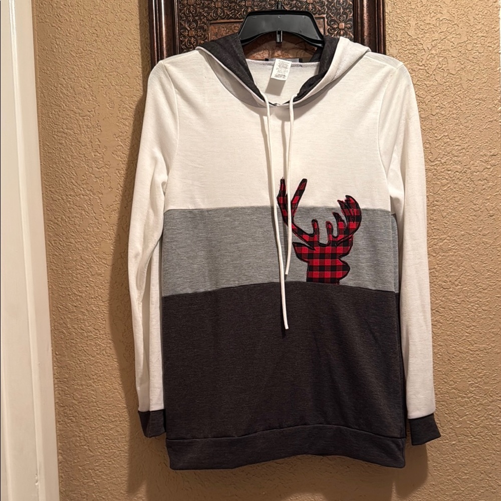 Women's Off White and Gray Hoodie with Red Plaid Reindeer Accent. Barely worn.